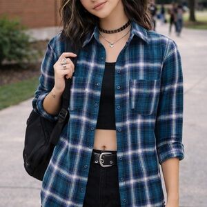 Full Tilt Teal and Blue Plaid Shirt